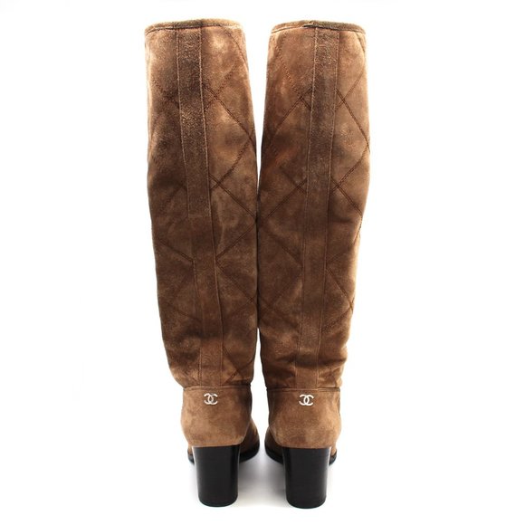 CHANEL Brown Quilted Suede Knee High Black Cap Toe Boots Stacked Heel size 38 CC - Picture 6 of 8